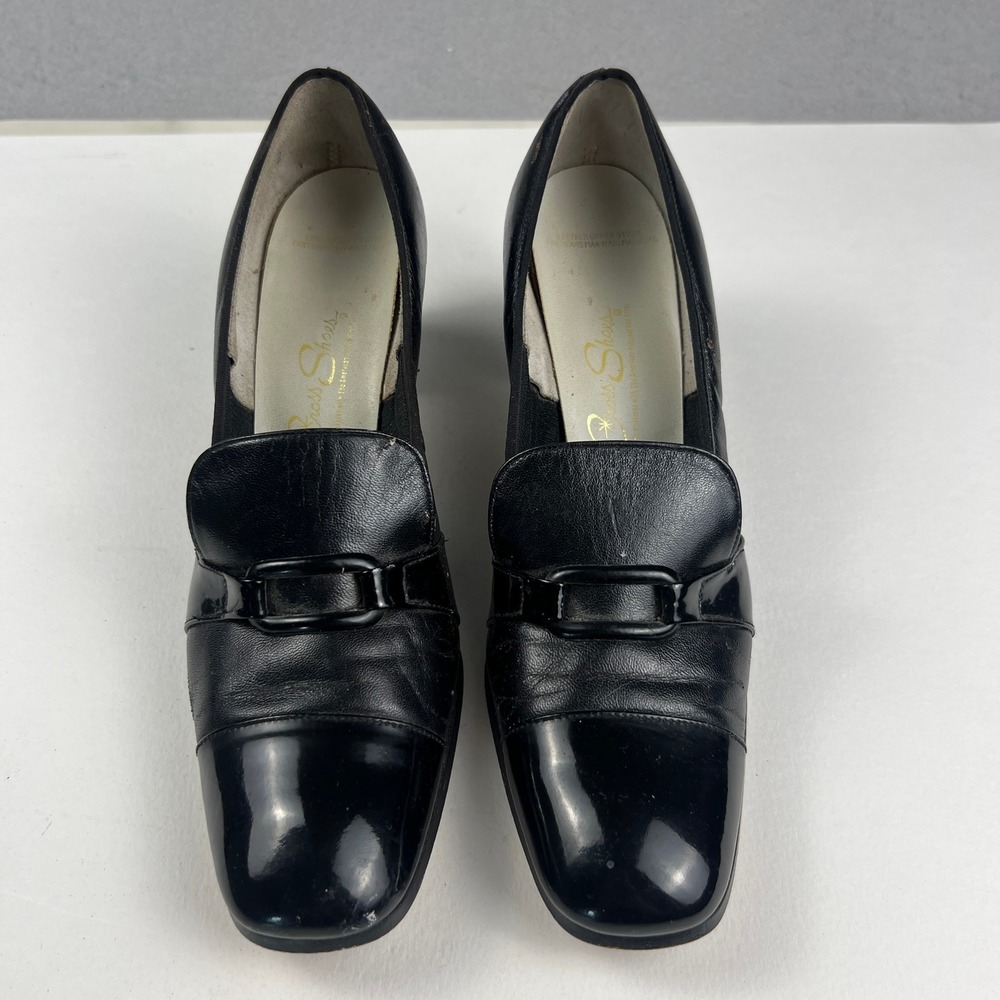 Red Cross Shoes Pumps Womens 7.5 Black Leather Patent Cap Toe Block Heel Vintage